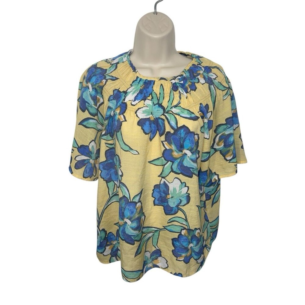 ZAC & RACHEL Women's Size Small Yellow Floral Print Blouse Keyhole Neck